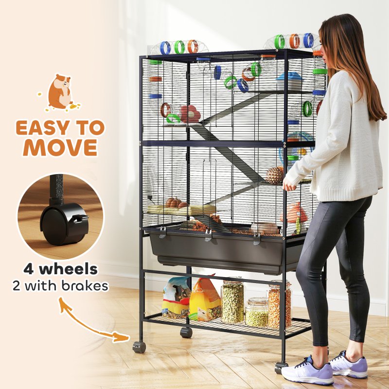 PawHut Hamster Cage, 5 Tier Large Gerbil Cage on Wheels with 17 cm Deep Tray, Storage Shelf, Big Exercise Wheel, Tube System, Hut, Platforms, Ramps, Food Dish, Water Bottle, for Syrian Hamsters, Rats