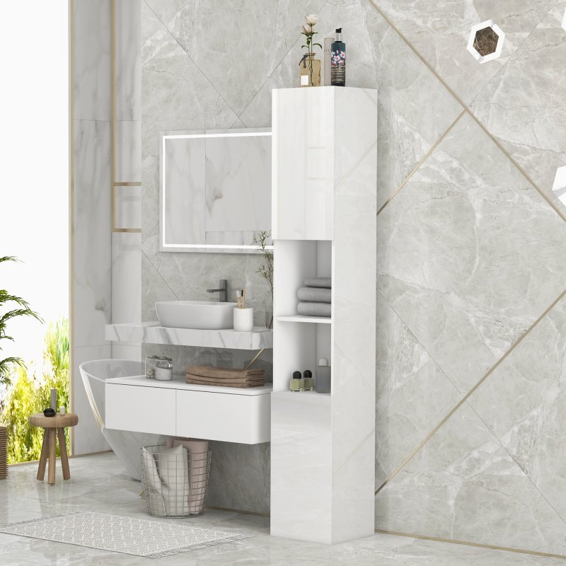 kleankin High Gloss Bathroom Cabinet, Free Standing Storage Cupboard with Doors and Adjustable Shelves, White