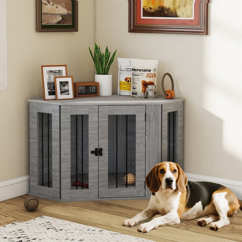 PawHut Dog Crate Furniture, Side Table Dog Kennel with Cushion, Large Door, for Medium Dogs - Grey