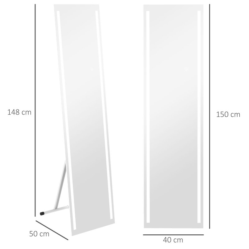 HOMCOM Full Length Mirror with LED Lights, 150x40cm Floor Mirror, Free Standing, Wall Mounted or Leaning, Full Size Body Mirror with Dimmable and 3 Colour Lighting for Bedroom, 23W, White