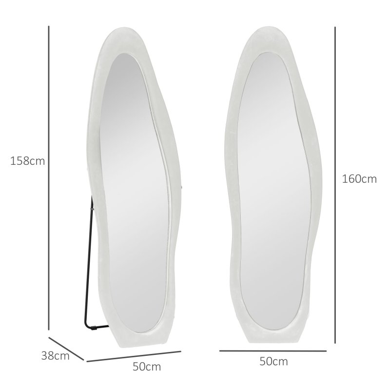 HOMCOM Irregular Wavy Mirror Full Length 160x50cm, Arched Floor Standing Mirror, Leaning or Wall Mounted, Velvet Wrapped Floor Mirror for Bedroom, Living Room, White