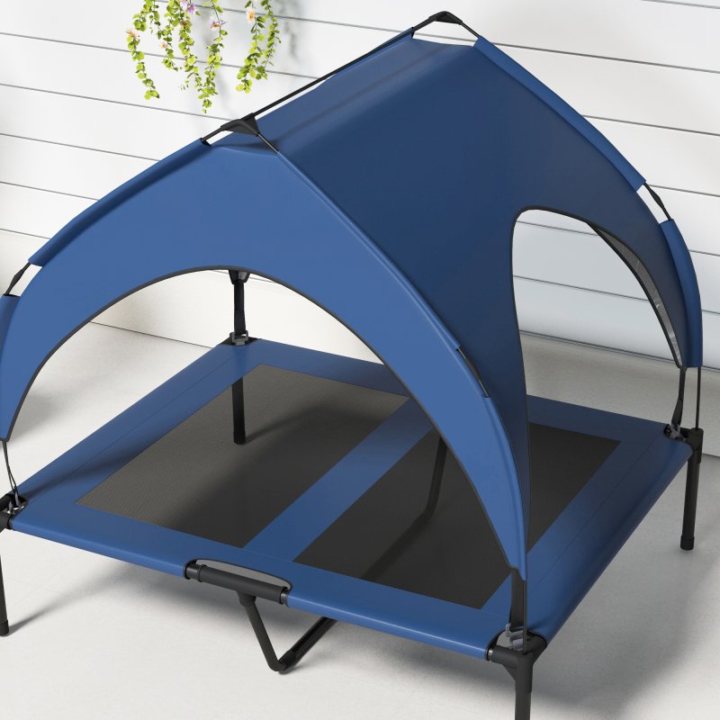 PawHut Cooling Raised Dog Bed, Elevated Pet Bed with Breathable Mesh, UV Protection Canopy, Foot Pads, for Indoor Outdoor, Medium, Large Dogs, 91 x 76 x 89cm - Dark Blue