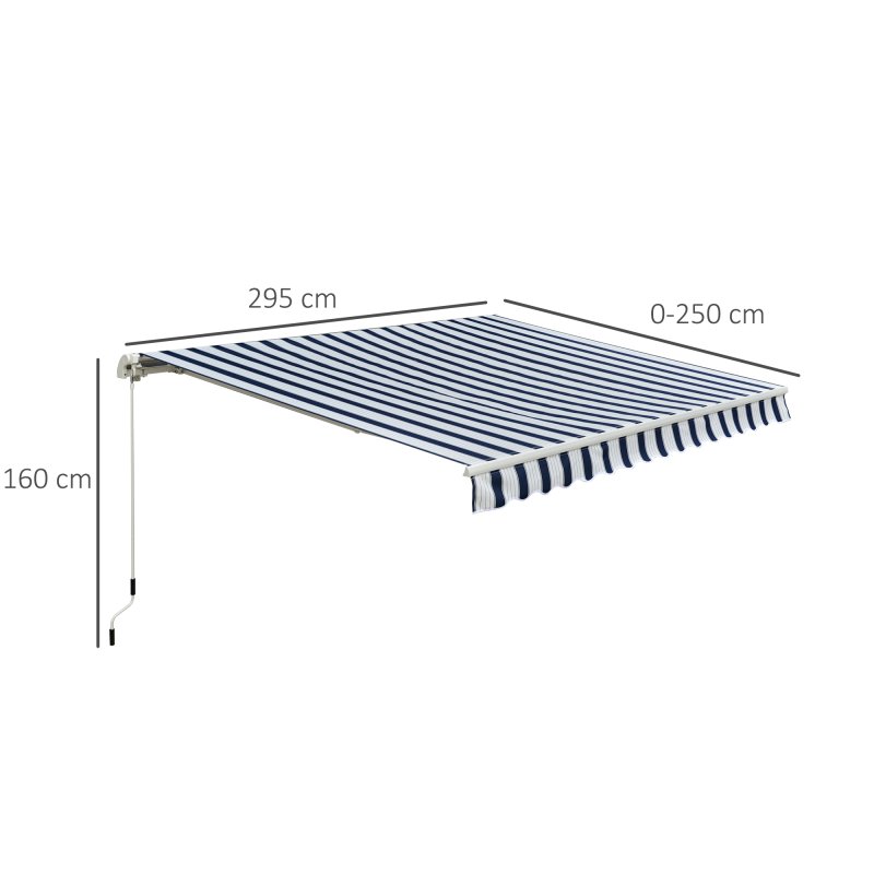 Outsunny 3m x 2.5m Garden Patio Manual Awning Canopy Sun Shade Shelter with Winding Handle Retractable Blue and White