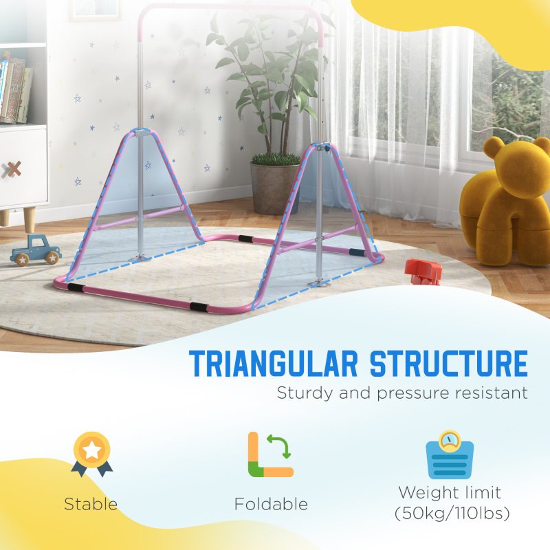 HOMCOM Kids Gymnastic Bar, Foldable Horizontal Bars w/ Adjustable Height, Training Bar w/ Triangle Base - Pink