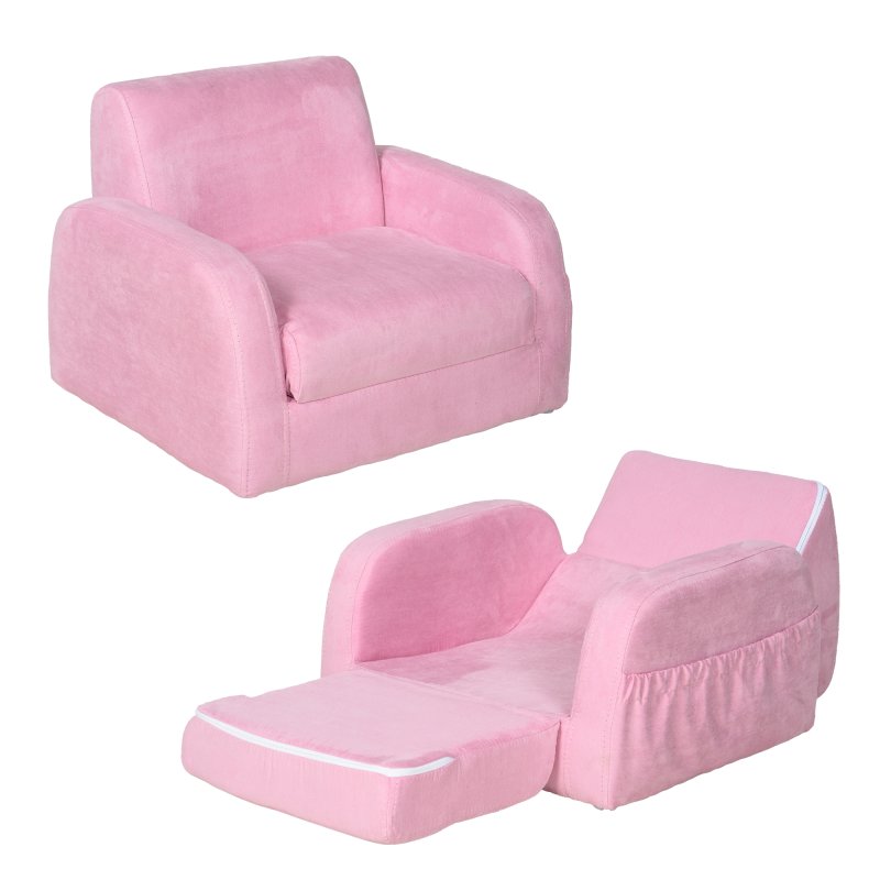 HOMCOM Children's Armchairs Kids Toddler Sofa Chair 2 in 1 Sofa Bed Folding Couch Soft Flannel Sponge Playroom Bedroom Living Room Pink