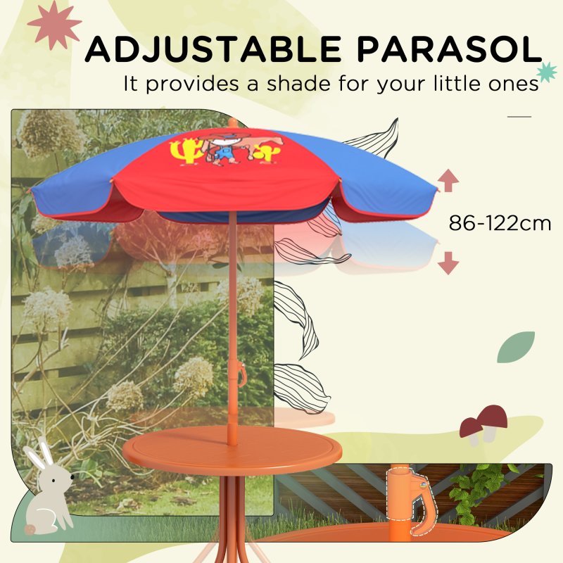Outsunny Kids Bistro Set Children Table and Chair Set Garden Furniture Cowboy Themed 4 Pieces w/ Adjustable Parasol, Foldable Chairs for 2-5 Years - Blue and Red