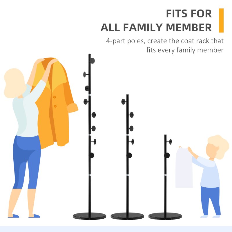 HOMCOM Coat Rack Free Standing Hall Tree with 8 Round Disc Hooks for Clothes, Hats,Purses, Steel Entryway Coat Stand with Marble Base for Entryway, Living Room, Bedroom