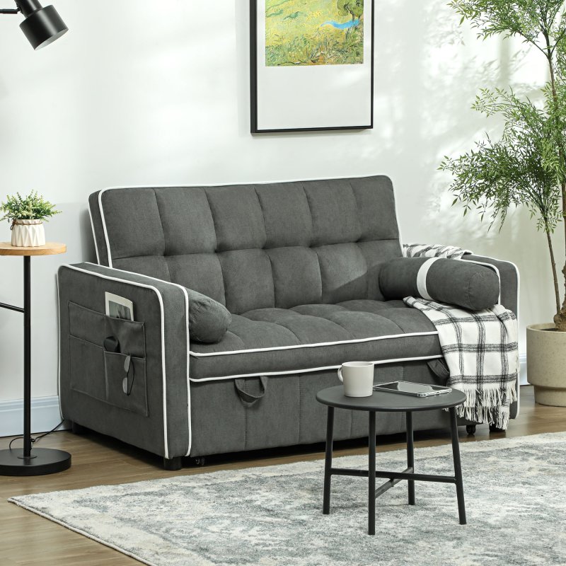HOMCOM 2 Seater Sofa Bed, Click Clack Pull Out Sofa Bed with Adjustable Backrest and Pillows, 3-in-1 Modern Tufted Settee for Living Room, Bedroom, Guest Room, Charcoal Grey