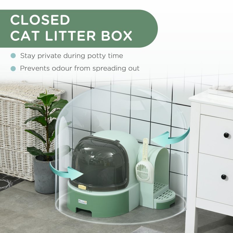 PawHut Cat Litter Box, 2 in 1 Hooded Cat litter Tray Cat House with Scoop, Drawer Pans, Openable Cover, Green