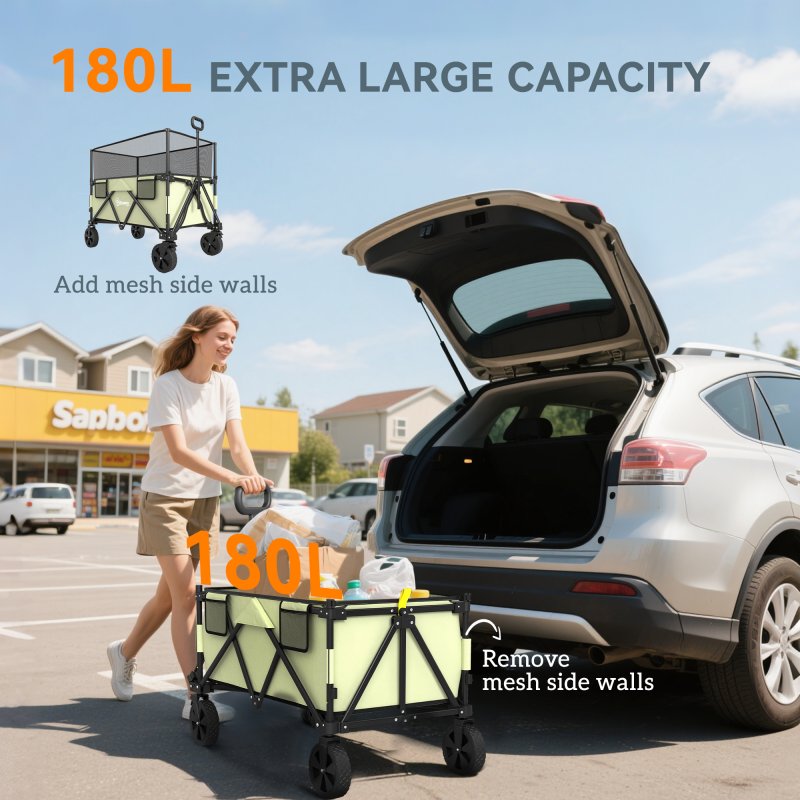 Outsunny 180L Festival Trolley on Wheels, Folding Camping Trolley Cart with Extendable Side Walls and Telescopic Handle, for Garden Beach Fishing, Light Green