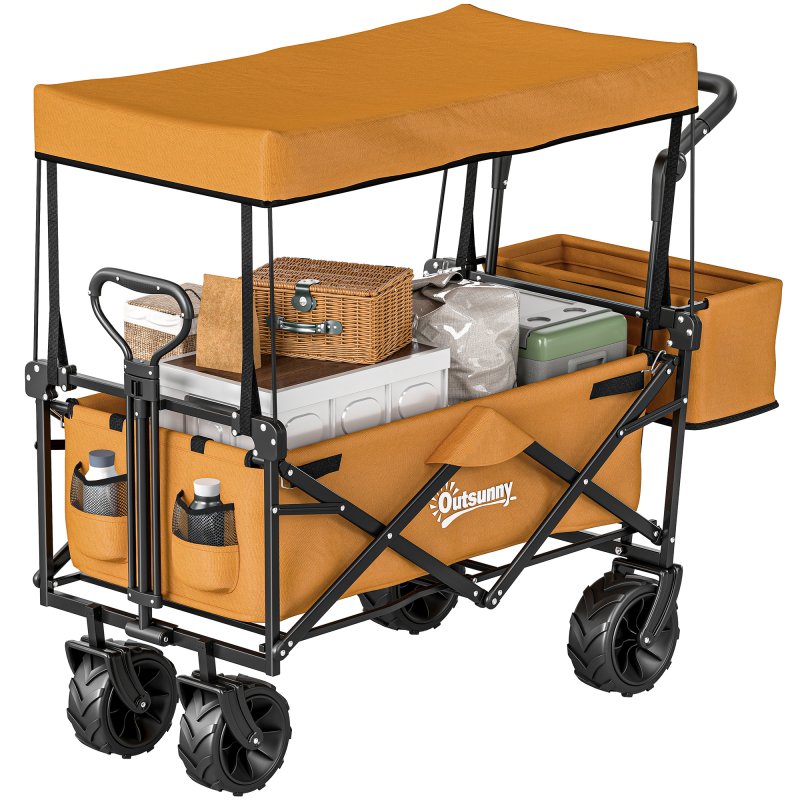 Outsunny 120L Festival Trolley on Wheels, Folding Camping Trolley Cart with Removable Canopy, All-Terrain Wheels, Adjustable Handle and Side Pockets for Garden Beach Fishing Shopping, Orange