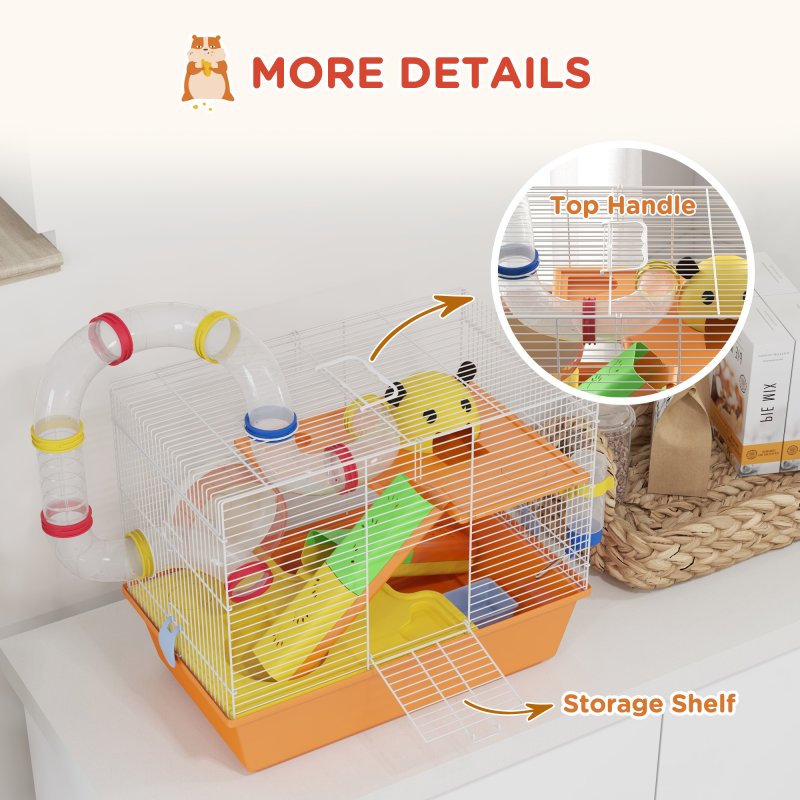 PawHut 3 Tiers Hamster Cage, Small Animal House with Tubes, Exercise Wheel, Ladder, Water Bottle, Dish, Hut, Top Handle, 45 x 28 x 37cm - Orange