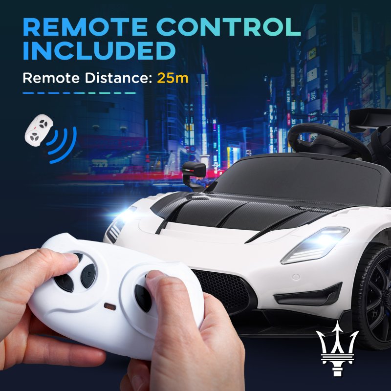 AIYAPLAY Maserati GT2 Licensed 12V Electric Car for Kids, Kids' Electric Ride on with Suspension System, Remote Control, USB, Music, Horn, Lights, Auxiliary Wheels, for Ages 3-5 Years, White