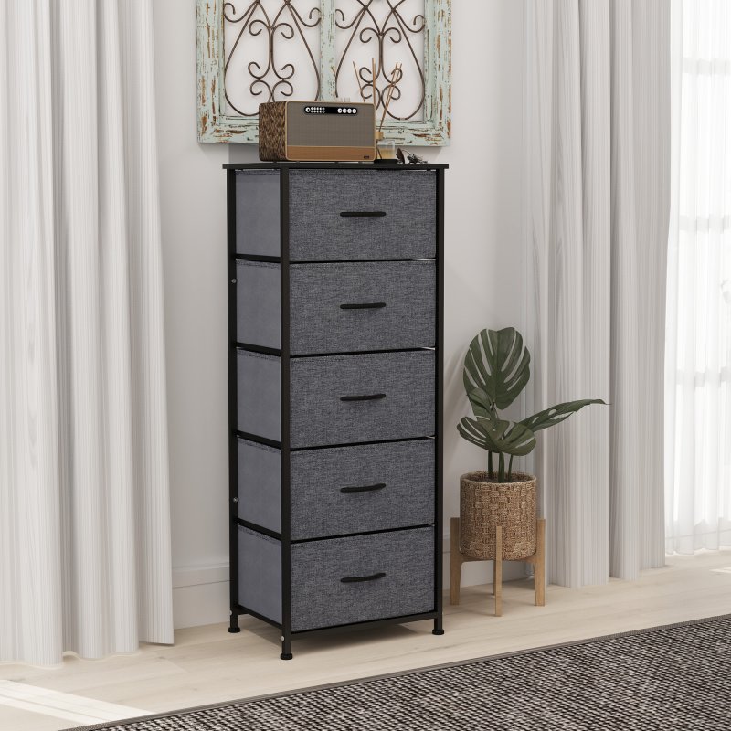 HOMCOM Fabric Chest of Drawers, Storage Drawers, Industrial Bedroom Dresser with 5 Fabric Drawers, Steel Frame and Wooden Top for Nursery, Living Room, Hallway, Dark Grey