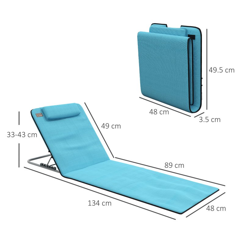 Outsunny Set of 2 Foldable Garden Beach Chair Mat Lightweight Outdoor Sun Lounger Seats Adjustable Back Metal Frame PE Fabric Head Pillow w/ Carry Bag, Light Blue