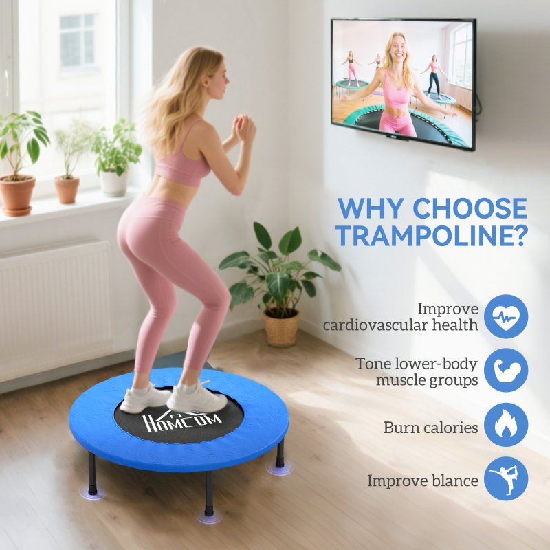 HOMCOM 32" Mini Fitness Trampoline Home Gym Yoga Exercise Rebounder Indoor Outdoor Jumper with Safety Pad, Support Up to 100 KG, Blue and Black