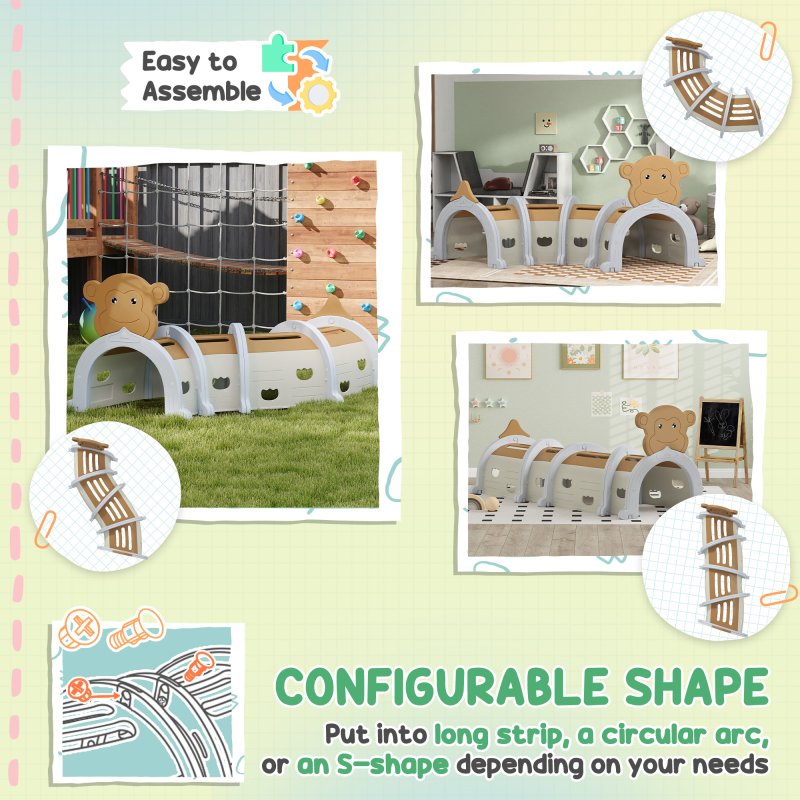 AIYAPLAY Play Tunnel, Kids Tunnel for Crawl and Climb, Monkey Design Kids Play Tunnel, Indoor, Outdoor Baby Tunnel for Ages 3-6 Years, Brown