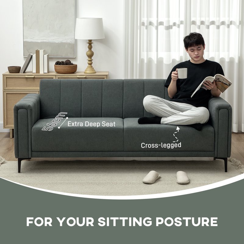 HOMCOM 3 Seater Sofa, Modern Fabric Sofa Couch, Channel Tufted Upholstered Sofa Settee for Living Room, Guest Room, Bedroom, Home Office, Charcoal Grey