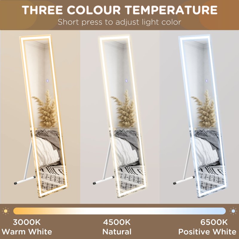 HOMCOM Full Length Mirror with LED Lights, 150x40cm Floor Mirror, Free Standing, Wall Mounted or Leaning, Full Size Body Mirror with Dimmable and 3 Colour Lighting for Bedroom, 32W, White