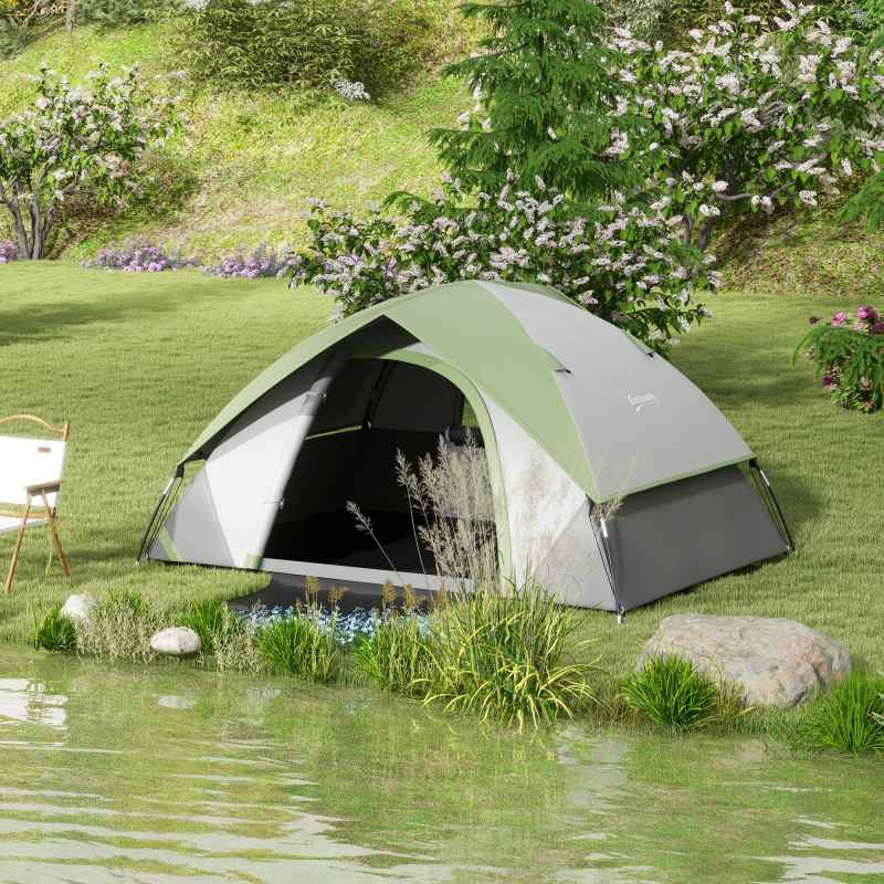 Outsunny Camping Tent, 2 Man Dome Tent, 3000mm Waterproof, with Sewn-in Groundsheet, Carry Bag and Top Hook, for Fishing Hiking Festival, Grey and Green