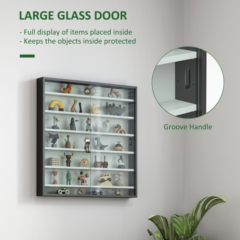 HOMCOM 7-Tier Wall Mounted Display Cabinet, Display Case with 6 Adjustable Shelves, Glass Doors for Home Office Ornaments 83x80cm, Black and White