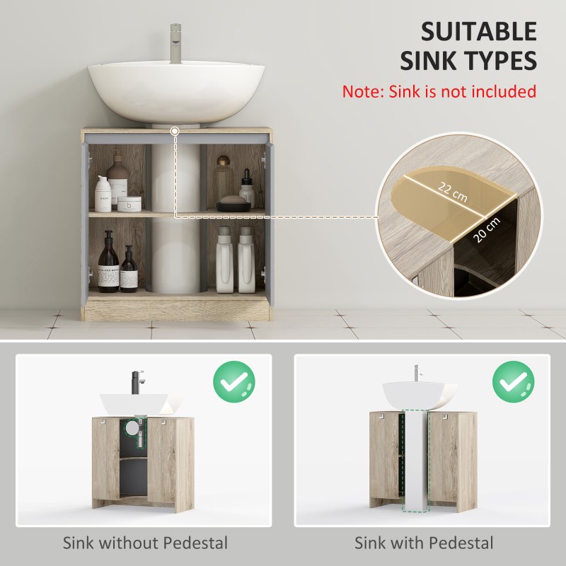 HOMCOM Under Sink Storage Cabinet Floor Standing Cupboard w/ Adjustable Shelf Bathroom Cabinet 2 Doors Versatile Style Grey