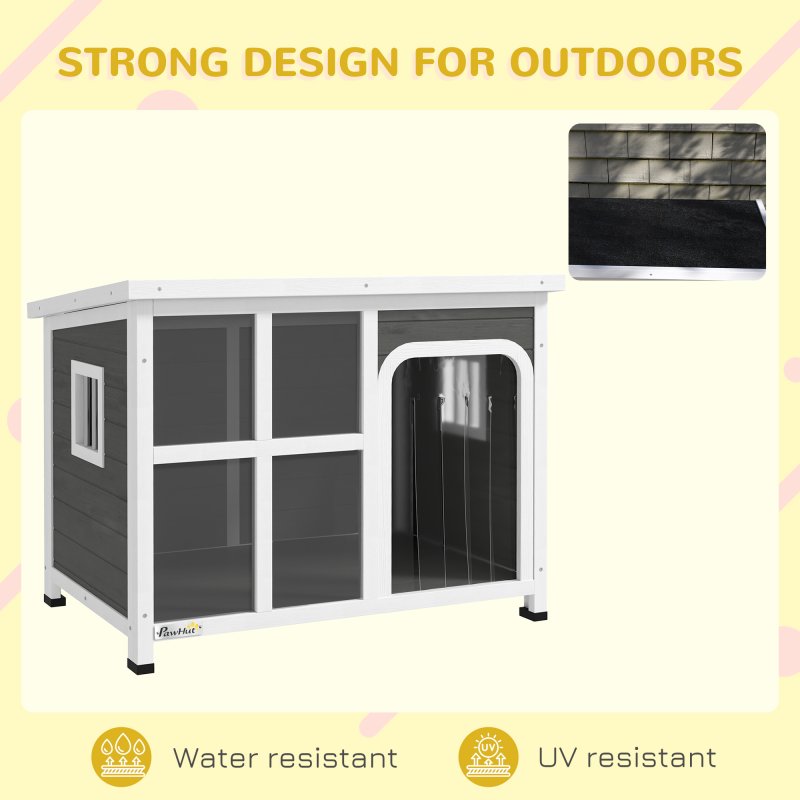 PawHut Outdoor Dog Kennel, Wooden Dog House Shelter with Asphalt Openable Top, Removable Floor, Clear Front Panel, Curtain, Windows, for Small, Medium Puppies, 90 x 62 x 71cm, Light Grey
