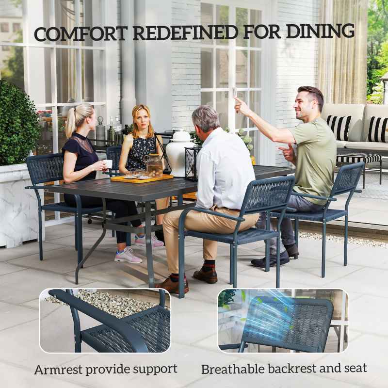 Outsunny Garden Chairs Set of 4, Stackable Rattan Effect Dining Chairs with Armrest, Weather Resistant and Lightweight Outdoor Furniture Armchairs for Patio, Balcony, Terrace, Dark Grey