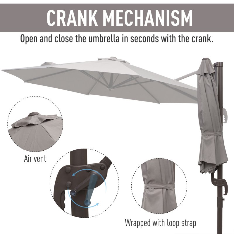 Outsunny 3M Cantilever Parasol, Hanging Garden Umbrella Sun Shade with 360 Rotation, Aluminium Frame, Cross Base, Hand Crank, Grey