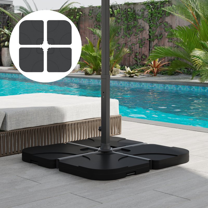 Outsunny 4 Pieces Parasol Base Stand Weights for Banana Hanging Cantilever Umbrella, Water and Sand Filled, Up to 72kg, Black