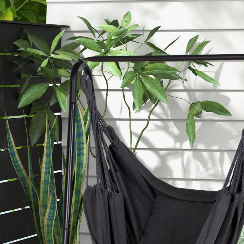 Outsunny Patio Hammock Chair with Stand, Outdoor Hammock Swing Hanging Rope Chair with Cushion, Armrest, Hooks, Dark Grey
