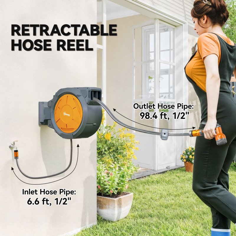 Outsunny Retractable Hose Reel Wall Mounted, 30+2m Garden Hose Pipe Reel with Lock, Auto Rewind, 7 in 1 Spray Nozzle, Includes Wall Fixings, 180?? Swivel, Outdoor Watering, Orange