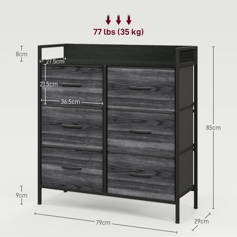 HOMCOM Bedroom Chest of Drawers, Fabric Dresser with 6 Drawers, Storage Organiser Unit with Open Shelf and Metal Frame for Living Room, Entryway