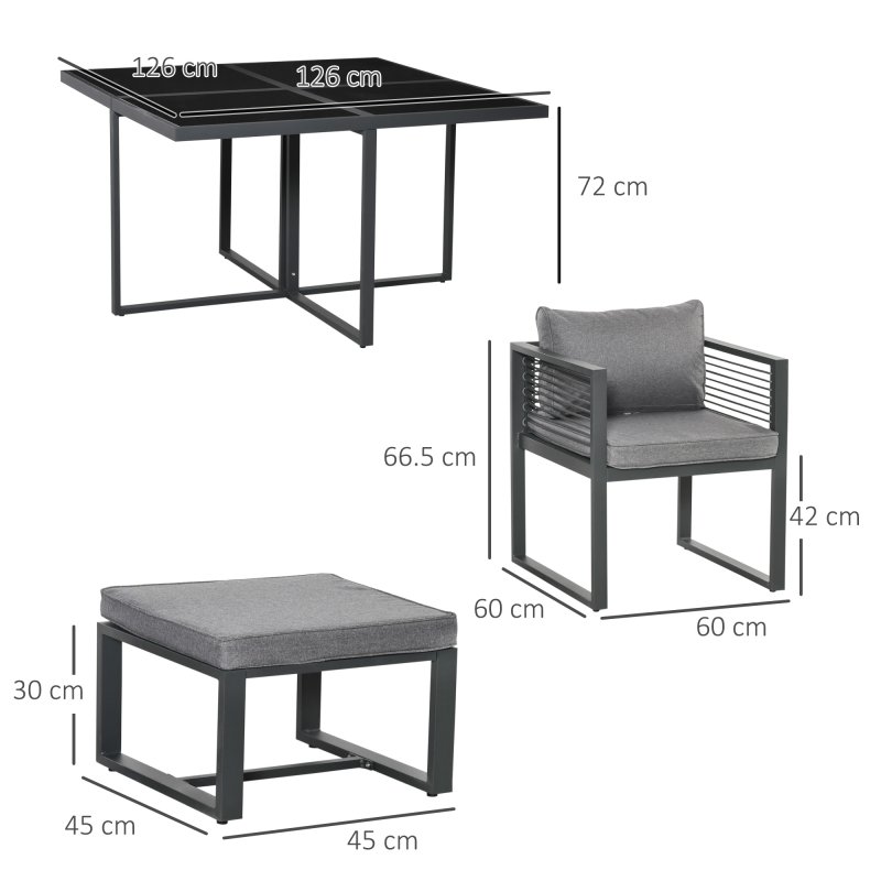Outsunny 9 Pieces Garden Dining Set with Cushion, 8 Seater Garden Table and Chairs Cube Set with Glass Top Dining Table, 4 Chairs and 4 Footstools, Grey