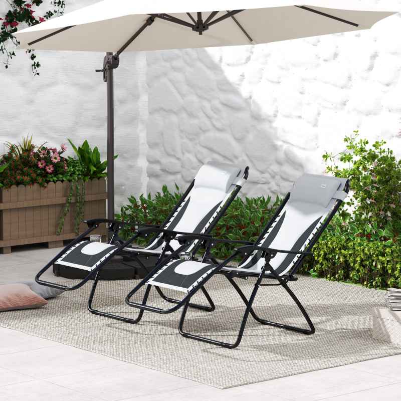 Outsunny Zero Gravity Lounger Chair Set of 2, Folding Reclining Patio Chair with Padded Seat, Cup Holder, Soft Cushion and Headrest for Poolside, Camping, Grey