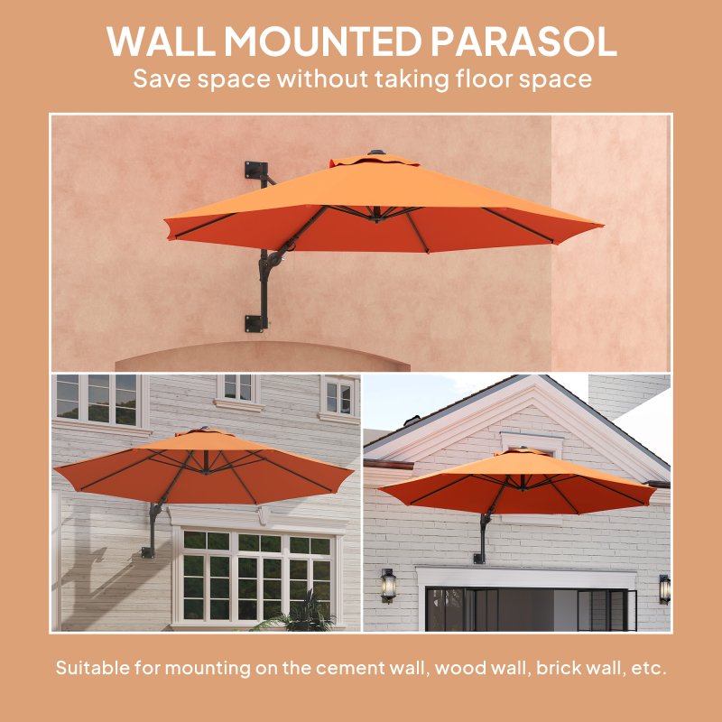 Outsunny 3 M Wall Mounted Garden Parasol Umbrella with Rotate, Outdoor Market Umbrella Sun Shade Canopy with 8 Ribs, Orange