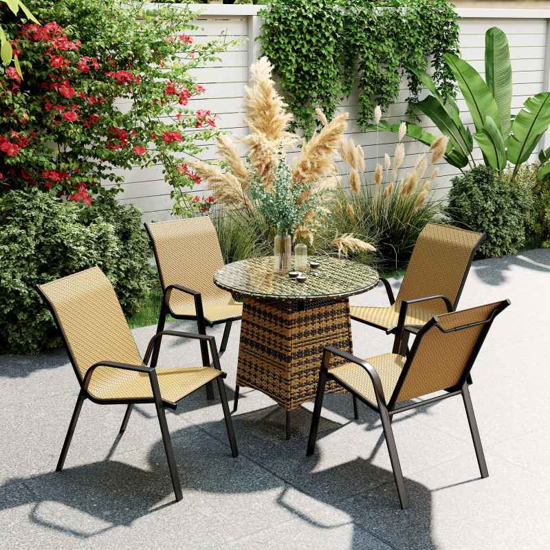 Outsunny Stackable Outdoor Chairs Set of 4, Rattan Garden Chairs with Armrests and Backrest for Deck, Khaki