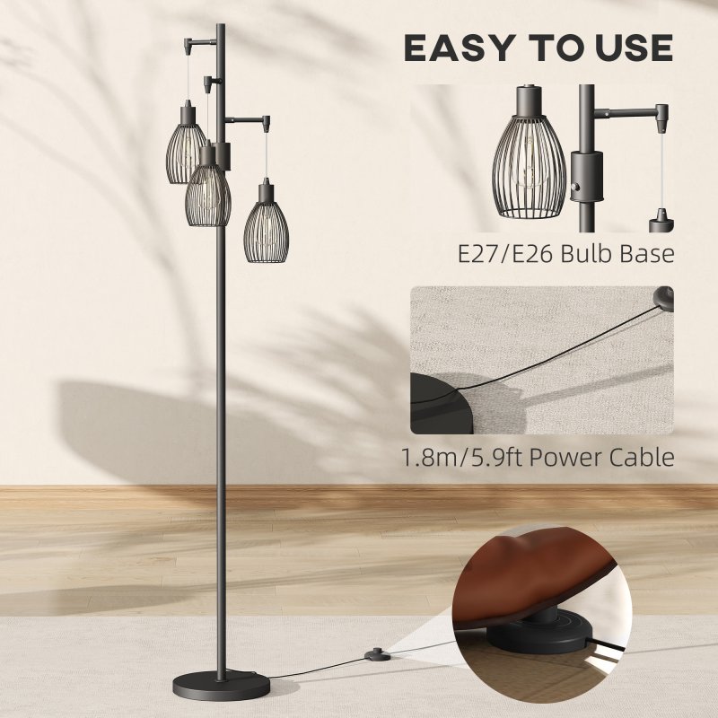 HOMCOM 3-Light LED Floor Lamp, 170cm Industrial Dimmable Standing Lamp with Steel Wire Cage Lampshades, 2700K for Living Room, Bedroom, Dining Room, Study, Black