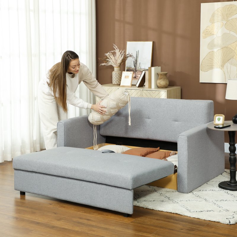 HOMCOM 2 Seater Sofa Bed, Convertible Bed Settee, Modern Linen Loveseat Sofa Couch with 2 Cushions, Hidden Storage for Living Room, Guest Room, Light Grey