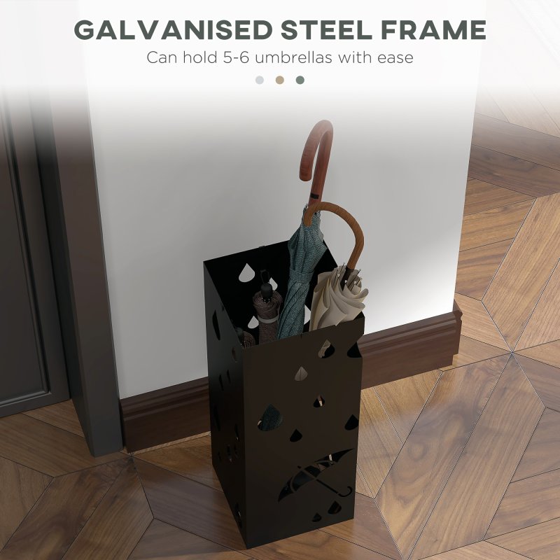 HOMCOM Steel Umbrella Stand, Square Umbrella Holder with 4 Hooks and Removable Drip Tray, Hollowed Umbrella Basket for Hallway