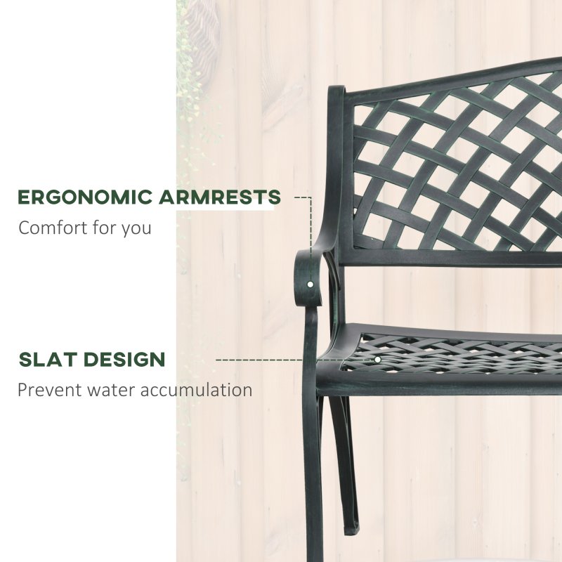 Outsunny Cast Aluminium Outdoor Garden Bench 2 Seater Antique Patio Porch Park Loveseat Chair, Verdigris