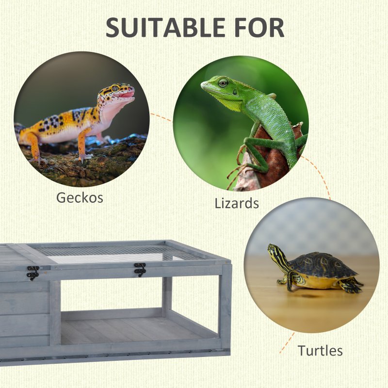 PawHut Tortoise House, Wooden Tortoise Enclosure Small Reptile House with Mesh Roof, Removable Side Panel, for Indoor - Grey
