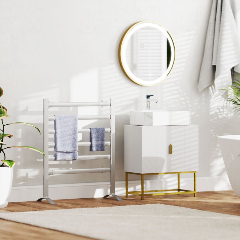 kleankin Round Bathroom LED Mirror, Dimmable Lighted Wall-Mounted Mirror with 3 Temperature Colours, Time Display, Memory Function, Hardwired, Gold