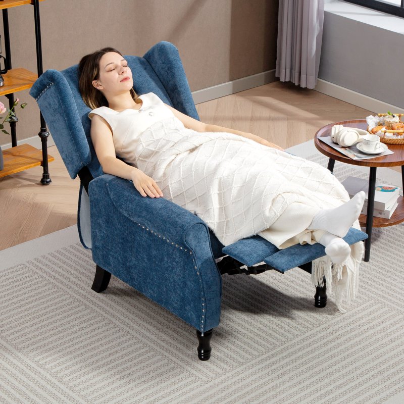 HOMCOM Recliner Armchair, Vintage Reclining Chair with Nail Head Trim, Wingback Chair with Button Tufted Back and Footrest, for Living Room, Royal Blue