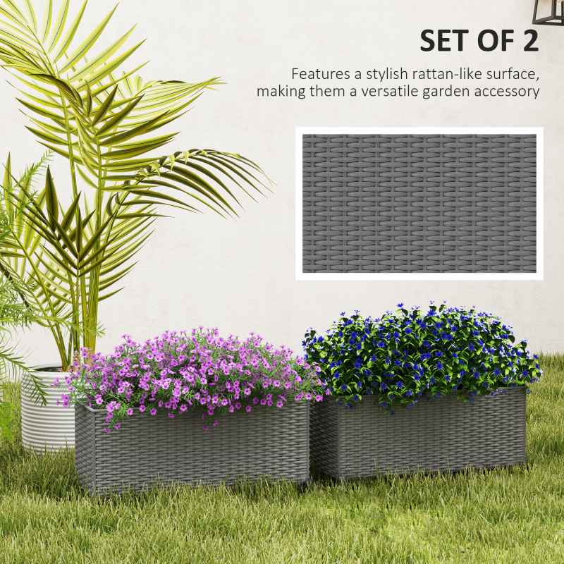 Outsunny Set of 2 Hanging Flower Boxes, 50 cm Long, Rattan Look Flower Pot with Drainage Holes and Hooks, Railing Box for Fence Balcony Garden, Grey