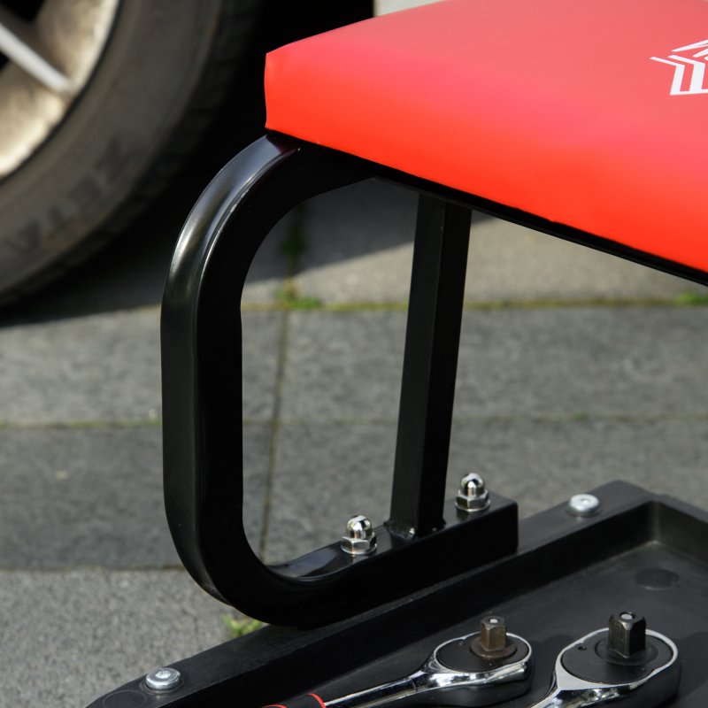 HOMCOM Workshop Stool, Rolling Machine Stool with 360?? Swivel, Padded Seat, Tool Tray, for Garage, Workshop, Auto Repair, Red