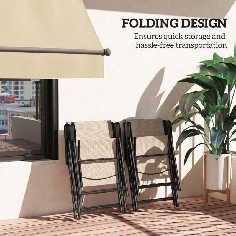 Outsunny Set of 4 Folding Chair, Garden Chair Set with Breathable Mesh Back and Seat, Outdoor Camping Chairs with Armrests, Steel Frame for Deck Balcony, Brown