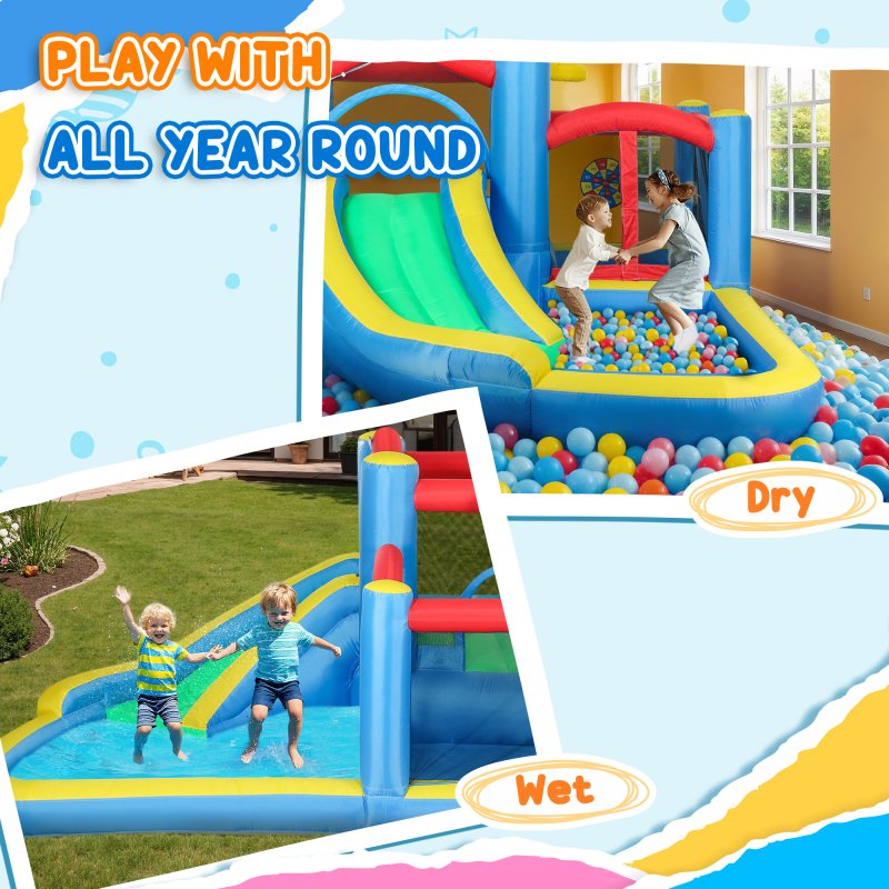 AIYAPLAY Bouncy Castle, Inflatable Bounce House with 550W Blower, Basketball Hoop, Long Slide, Dart Board, Carrying Bag, for Party, Park, Ages 3-8, 385 x 290 x 180 cm