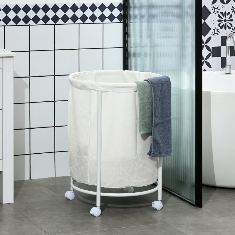 HOMCOM 100L Rolling Laundry Basket on Wheels, 50cm Round Laundry Hamper with Removable Bag and Steel Frame for Bedroom, Bathroom, Laundry Room, Cream White