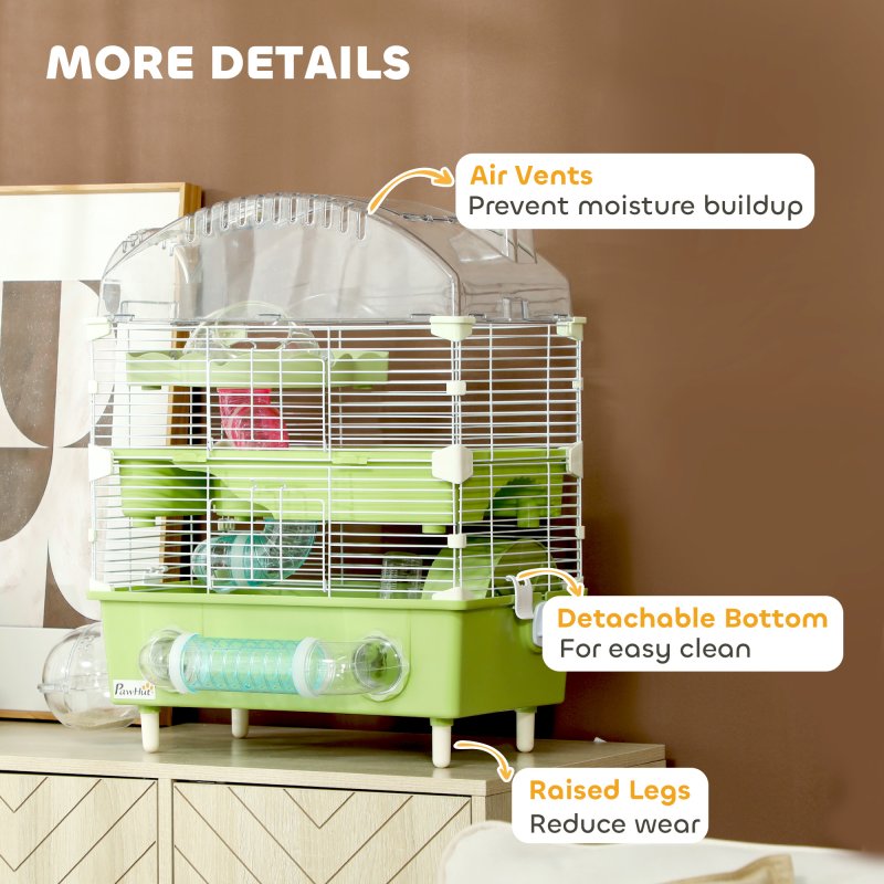 PawHut 3-Tier Hamster Cage, Hamster Habitat with Transparent Top, Sand Bathroom, Exercise Wheel, Hideout Room, Tubes, Small Animal Cage for Dwarf Hamster, 45 x 28 x 60 cm, Green